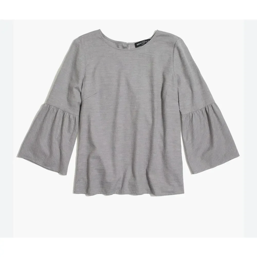 J. Crew Mercantile Women's Flannel Bell 3/4 Sleeve Blouse Top Minimalist‎ Gray 4